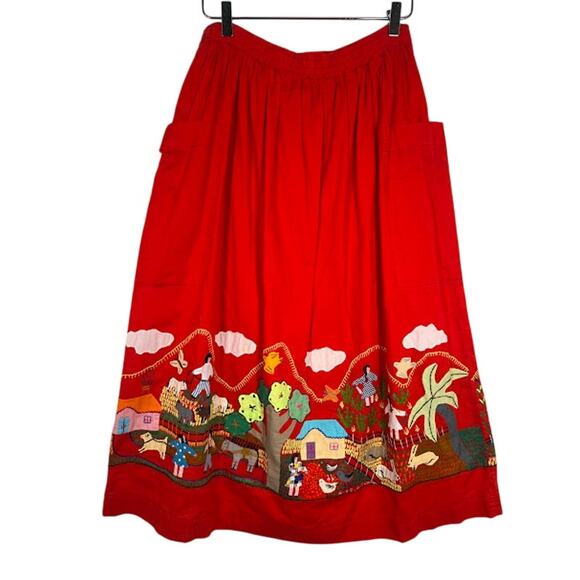 Vintage Frog a la Peche Women's Embroidered A-Line Skirt Red w/ Pockets *Read - Picture 2 of 6